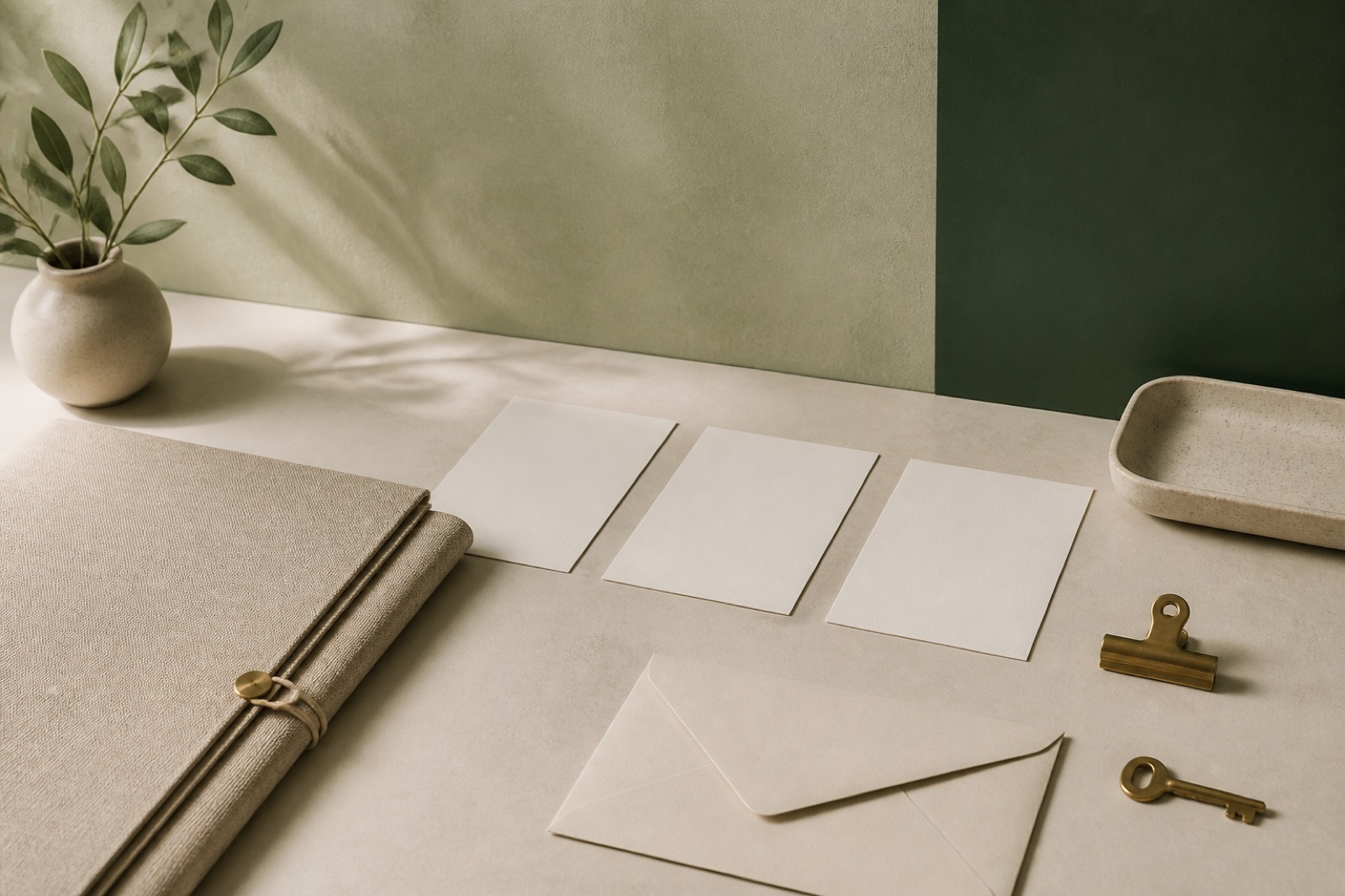 Linen document folio, planning cards, envelope and key in a warm studio setting