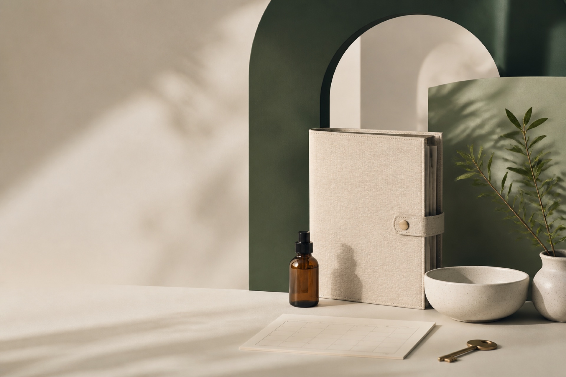 Linen household folder, calendar, key and everyday objects in a calm studio setting